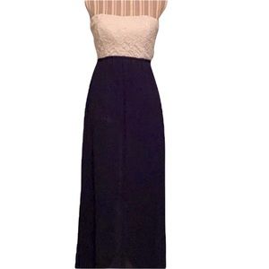 Love Chesley strapless maxi dress white lace back cutout navy blue bottom
